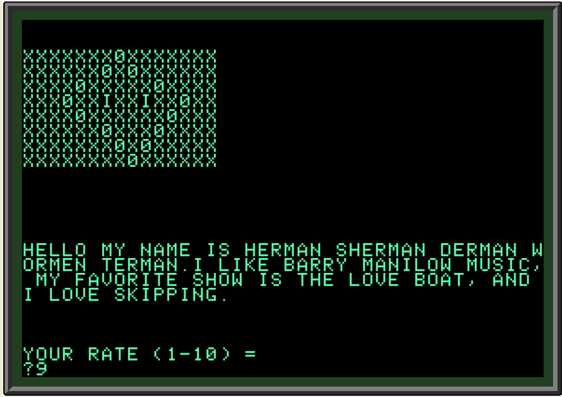 Green text that shows the splash page for a rating game