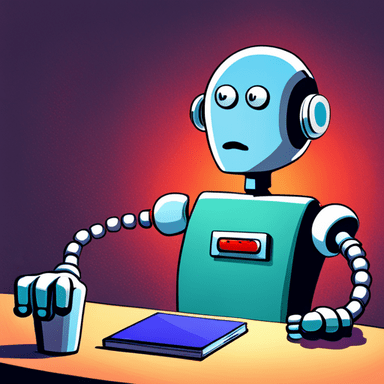 A picture of a shocked robot at the helm of a computer