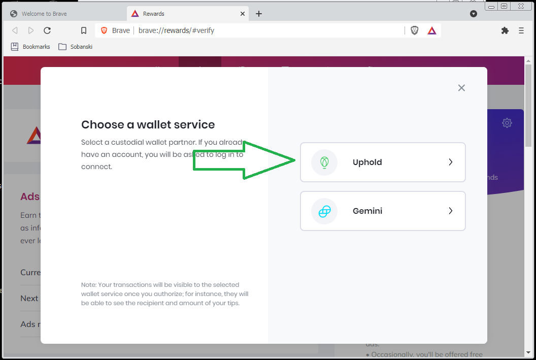 Select Uphold for Brave Wallet