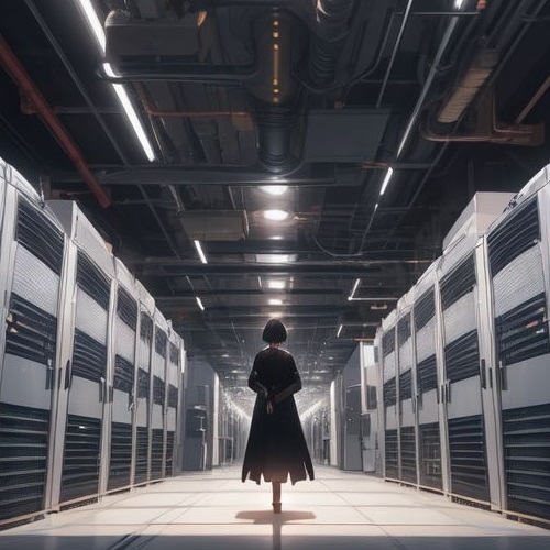 A Graphic that shows an ominous figure walking into a dense, server filled data center, with pipes and greebles on the ceiling