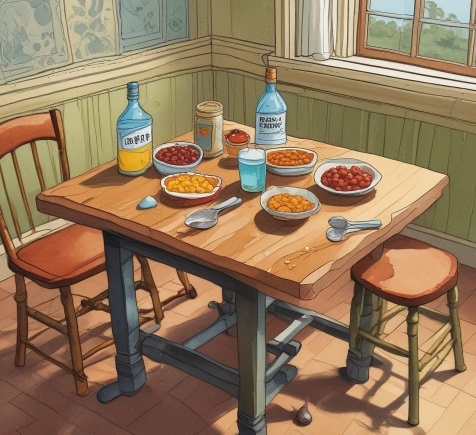 A picture of a table that shows food that symbolizes Janie's husbands