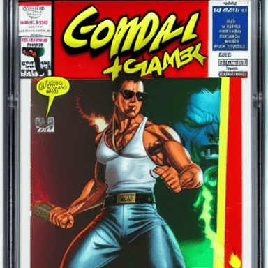 A Comics Guarantee Corp (CGC) graded copy of a Johnny Cage comic book, where he wears Hammer pants.
