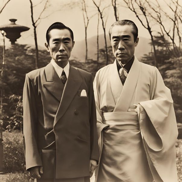 A picture of Yukio Mishima and the Meiji Emperor