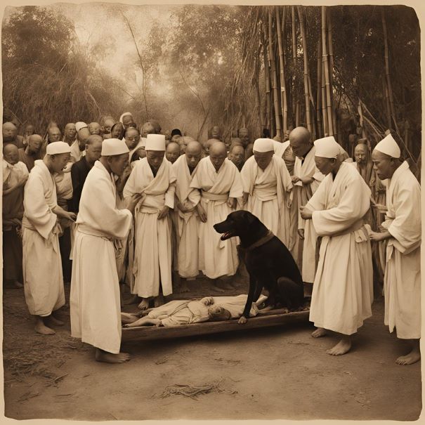 A picture of mourners in Bombay, surrounding a white-swathed corpse