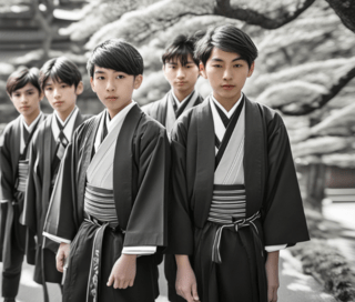 A picture of five teenage boys in Post-Meiji Japan standing around with concern on their face