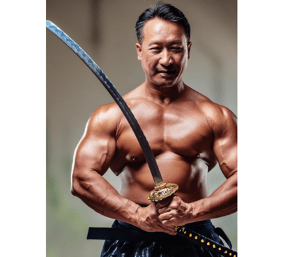 Yukio Mishima stands muscular and proud, brandishing a Samurai Sword