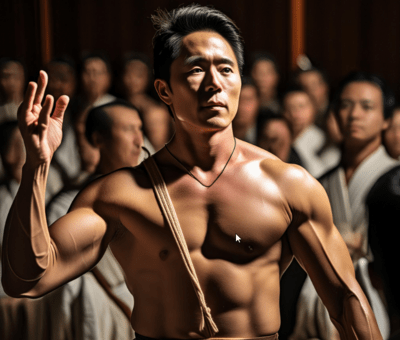 A picture of Yukio Mishima, muscular and shirtless, addressing a crowd