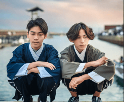 Two Post-Meiji Japanese teens sit and contemplate life near the docks