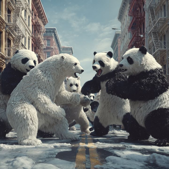 A picture of a Polar Bear Gang and Panda Gang Squaring off in NYC
