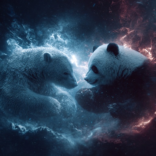 A picture of a Polar Bear and a Panda Bear squaring off in space