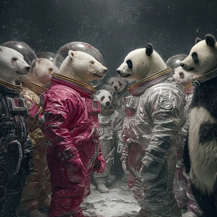 A picture of Polar Bears and Panda Bears Squaring off in Space with fancy Space Suits